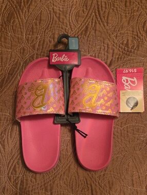Barbie Pink Slides with Holographic Gold Accents